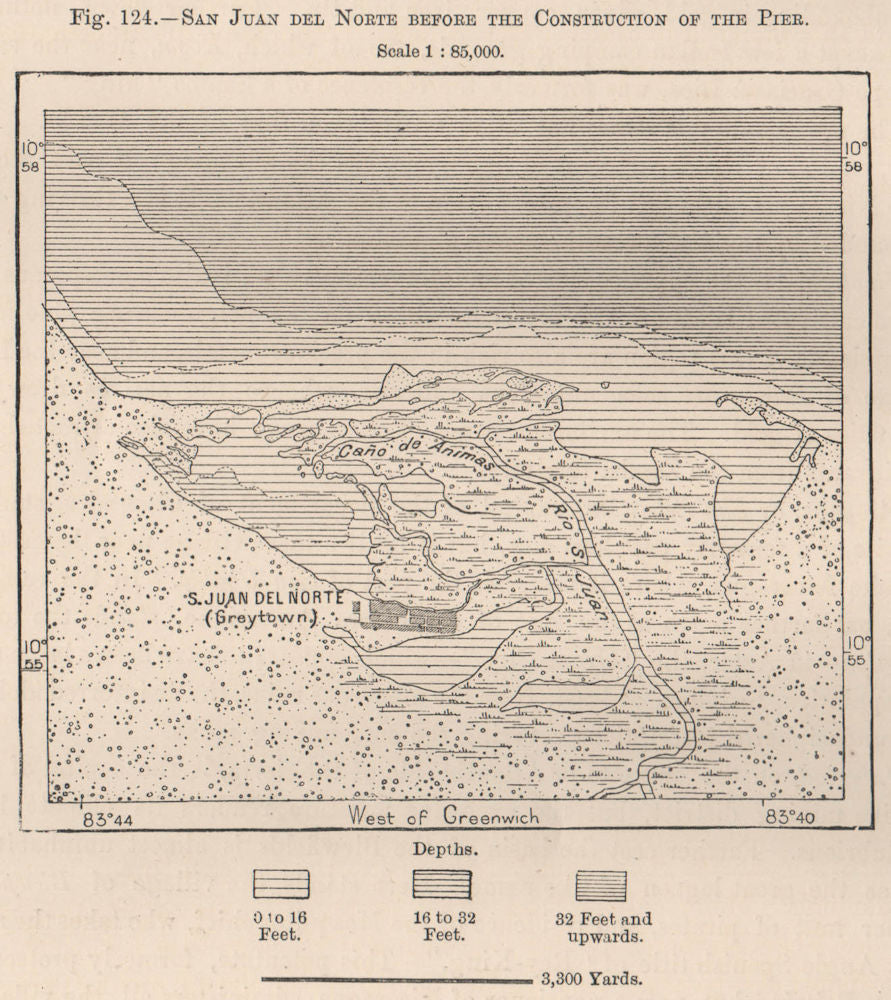 San Juan de Nicaragua/San Juan del Norte/Greytown pre Pier construction 1885 map